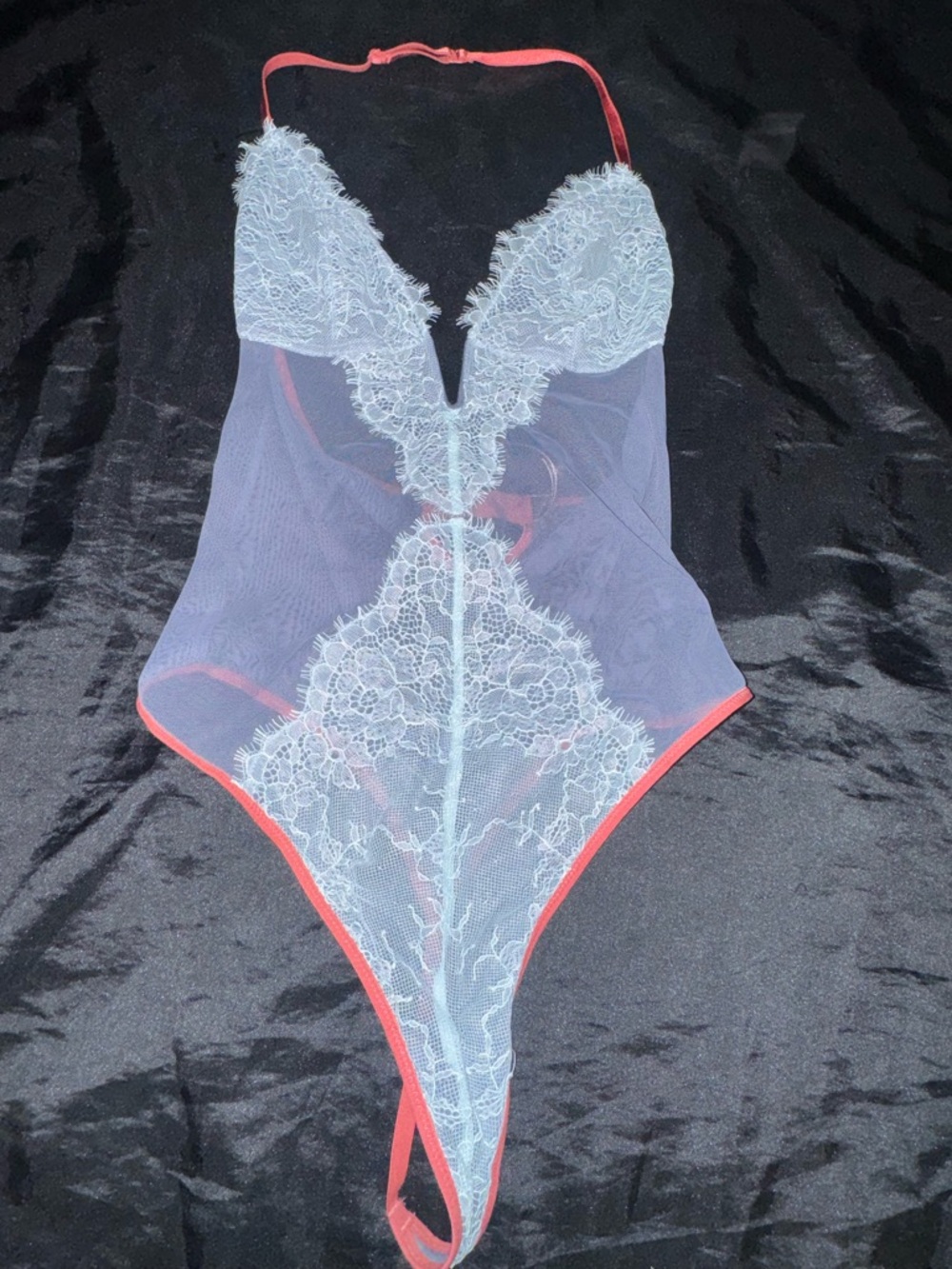 Victoria’s Secret Never Worn Blue Lace Mesh Teddy Bodysuit Pink Trim Halter S